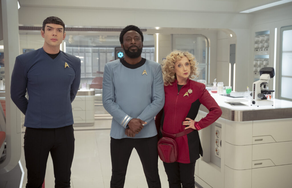 Star Trek: Strange New Worlds Season 3 Trailer: Everything We Know So Far and When Is It Releasing? 3 A still from Star Trek Strange New Worlds Season 3 featuring Spock, M'Benga, and Pelia on the ship's medical bay