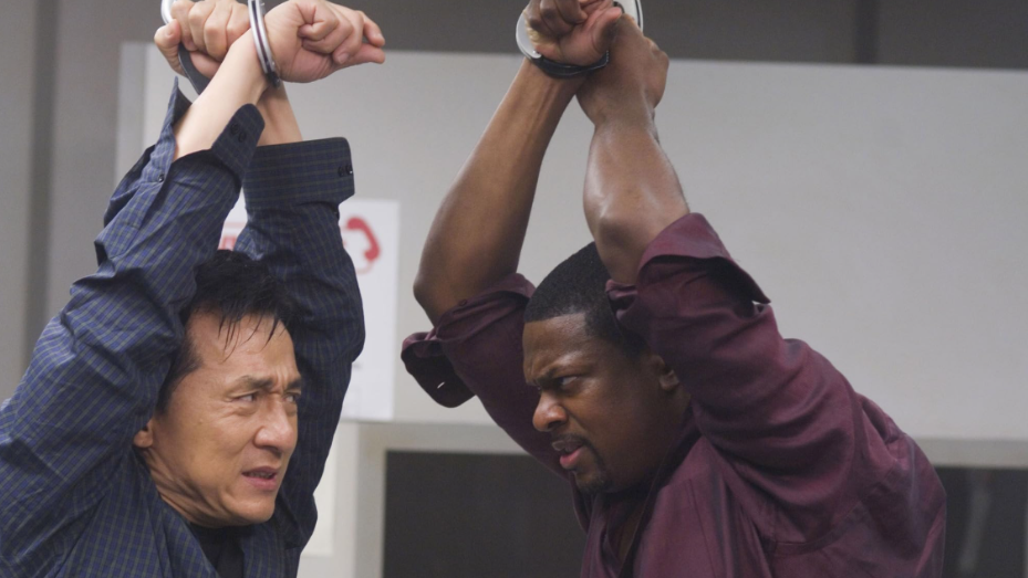 Lee and Carter's hands are handcuffed above their heads.