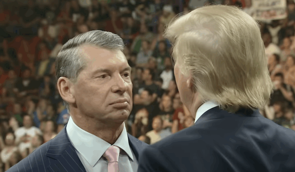 Vince McMahon Earned $250 Million Amid Janel Grant’s Lawsuit, Here Is How 8 Vince McMahon, stainding in an arena, facing Donald Trump.