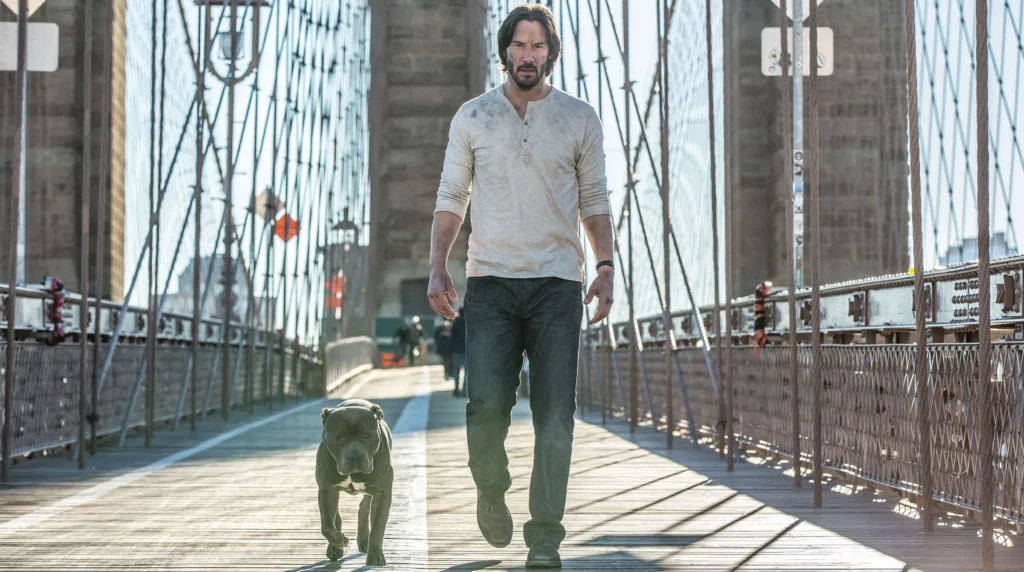 John Wick 5: Everything We Know So Far 3 Keanu Reeves as John Wick walking with a pitbull dog on the Brooklyn Bridge, wearing casual clothes in bright daylight.