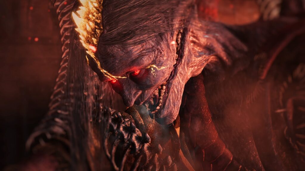 Nioh 3’s Open-Field Design Doesn’t Mean It’s Open World, Says Producer 6 A scene from Nioh 3 featuring a close-up of a menacing looking demon-like creature with red eyes and sharp teeth.