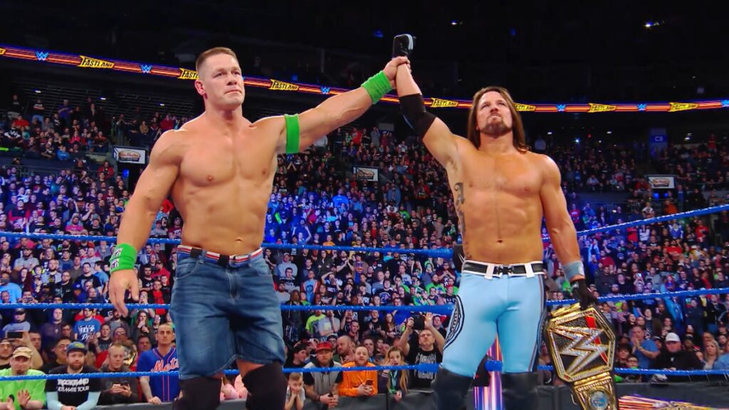 John Cena Explains Why He Never Left WWE Ring During His Royal Rumble Match With AJ Styles 2 John Cena and AJ Styles after a fight.