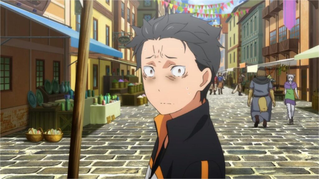 The Real Reason Why ‘Re:Zero’ Stands Out Is Because It’s Not an Isekai at All 8 Subaru is standing in the middle of a street with his eyes swollen and dark in Re:Zero anime