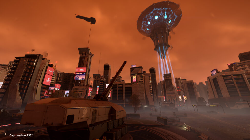 Helldivers 2 Success Reportedly Attracted Tencent to Arrowhead Game Studios 6 Helldivers 2 screenshot featuring an Illuminate spaceship hovering over Super Earth under an orangish sky.