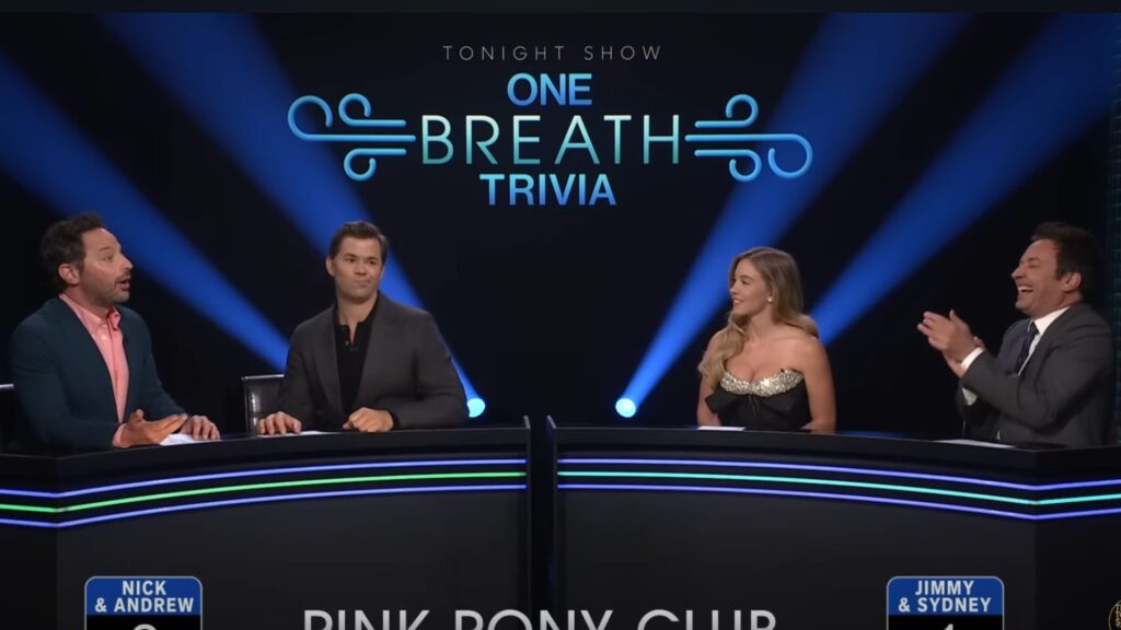 Sydney Sweeney, Andrew Rannells and Nick Kroll played 'One Breath Trivia'.