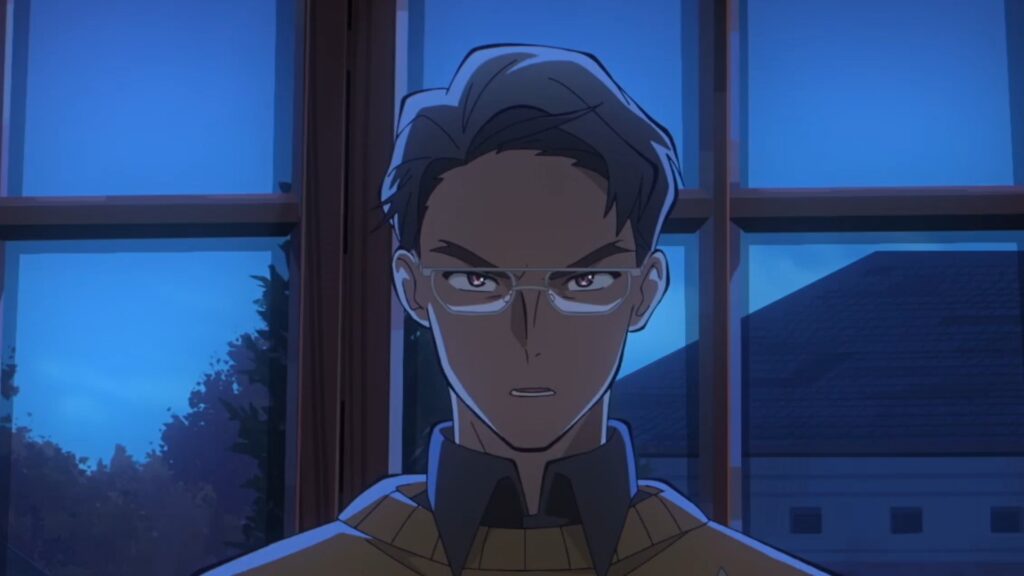 Every ‘To Be Hero X’ Villain Has One Thing in Common 4 The dean is standing against a glass window in a still from To Be Hero x anime