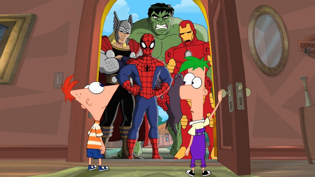 Phineas (Vincent Martella) and Ferb answer the door and see heroes of the Marvel Universe (Hulk, Thor, Spider-Man, Iron Man) waiting outside. 