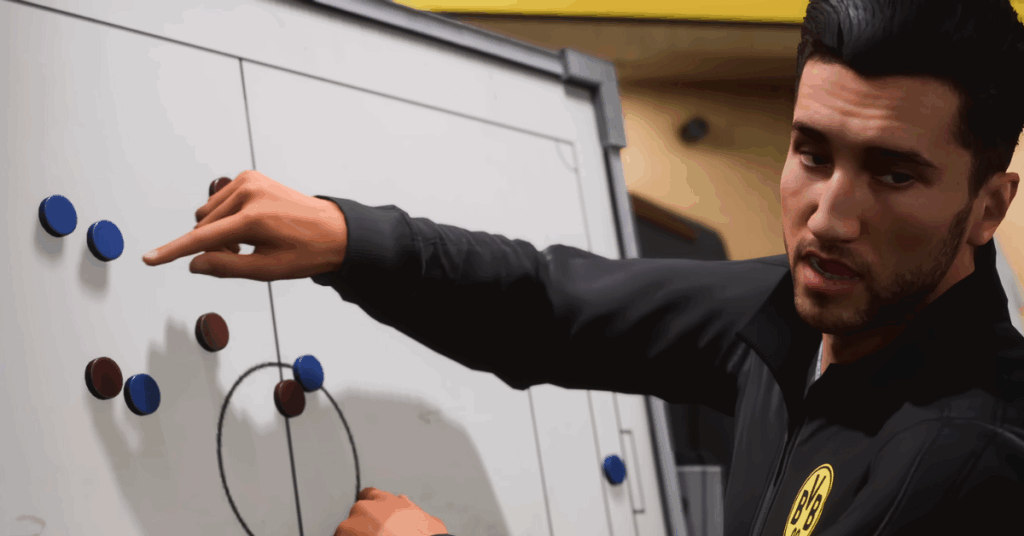 Coach explaining strategy using a white board a colored coin. 