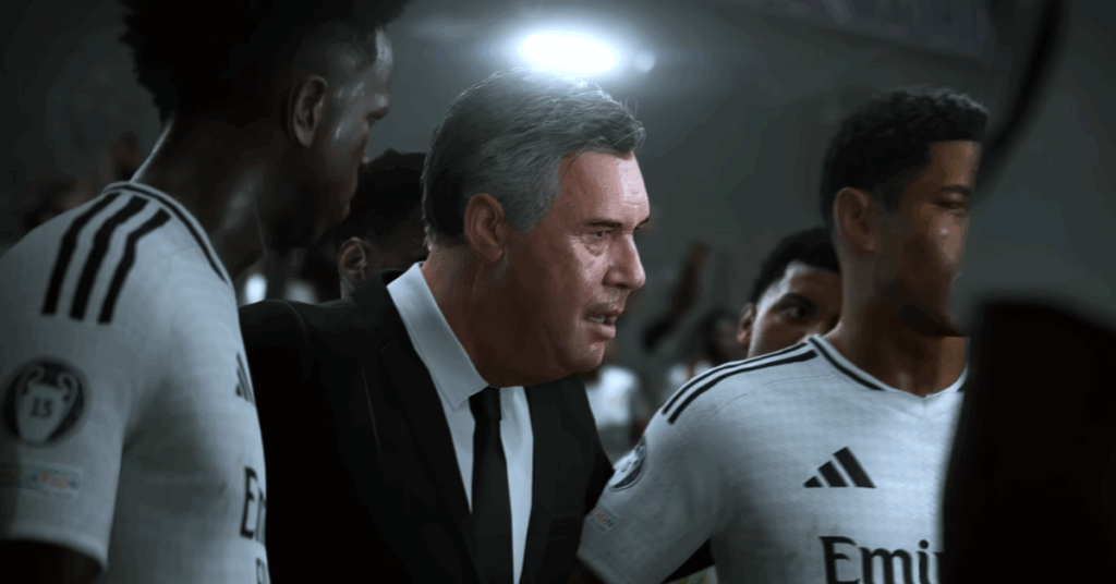 Game version of Carlo Ancelotti encouraging his Real Madrid players in FC 25. 