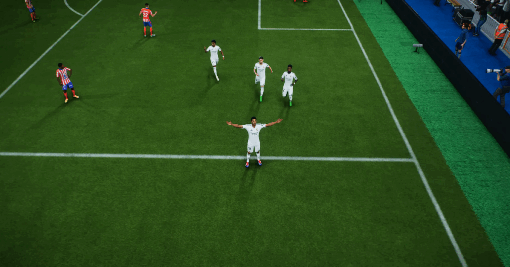 Gamer version of Jude Bellingham celebrating with Real Madrid players.