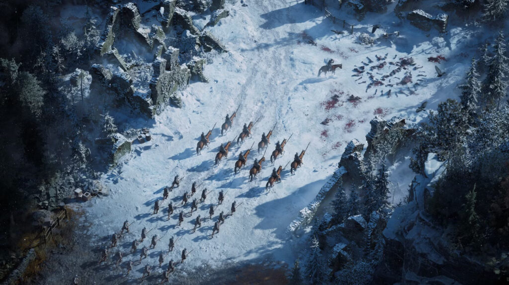Troops on horses and foot soldiers marching towards their leader who is standing beside a White Walker symbol with dead bodies in the snow.