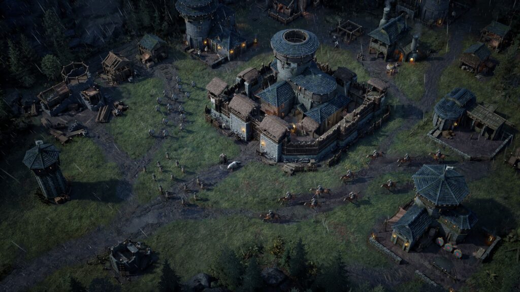 A 3-d view of a keep with soldiers circling around it in a still from George R.R. Martin's world in Game of Thrones: War for Westeros.