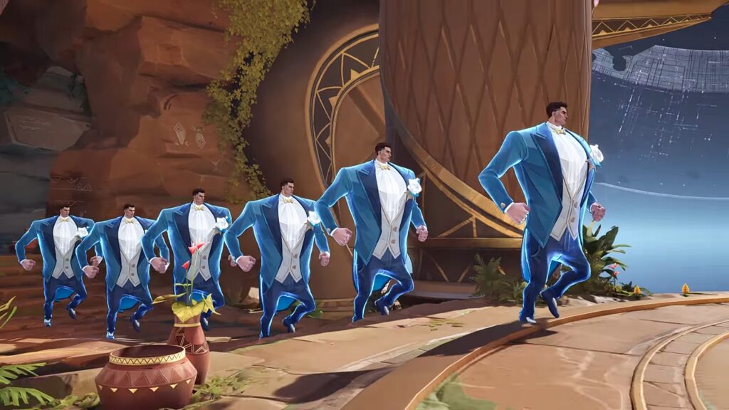 Marvel Rivals screenshot of six Mister Fantastic players walking out of an area in their inflated state. 
