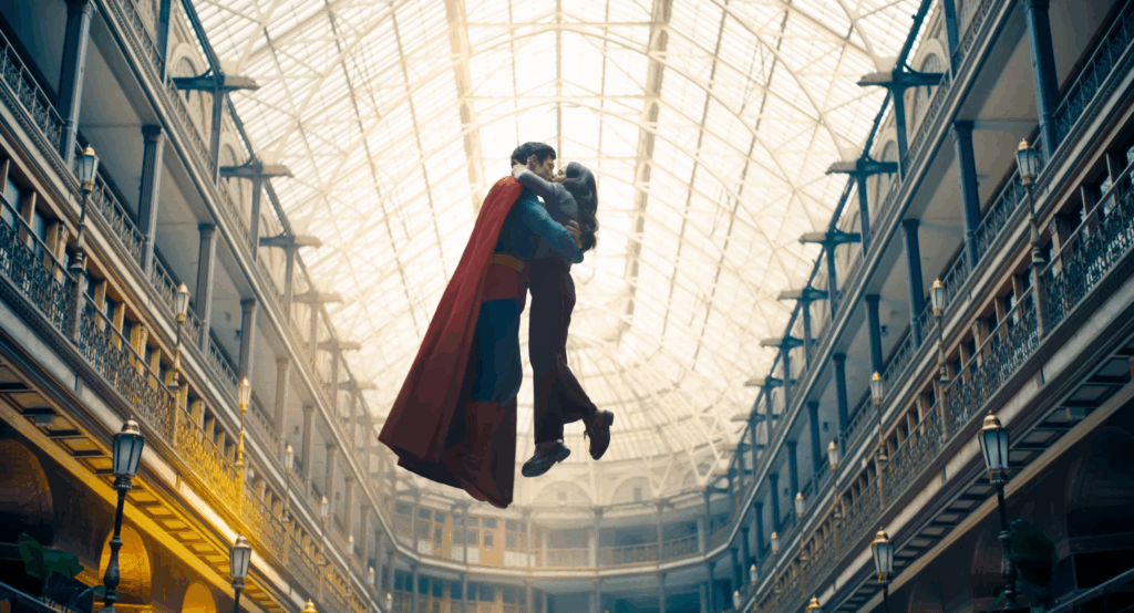 Fantastic Four vs David Corenswet's Superman: MCU Is Already Losing this Battle at Box Office 3 Superman and Lois in the air, kissing, inside of an abandoned mall in a still from Superman.