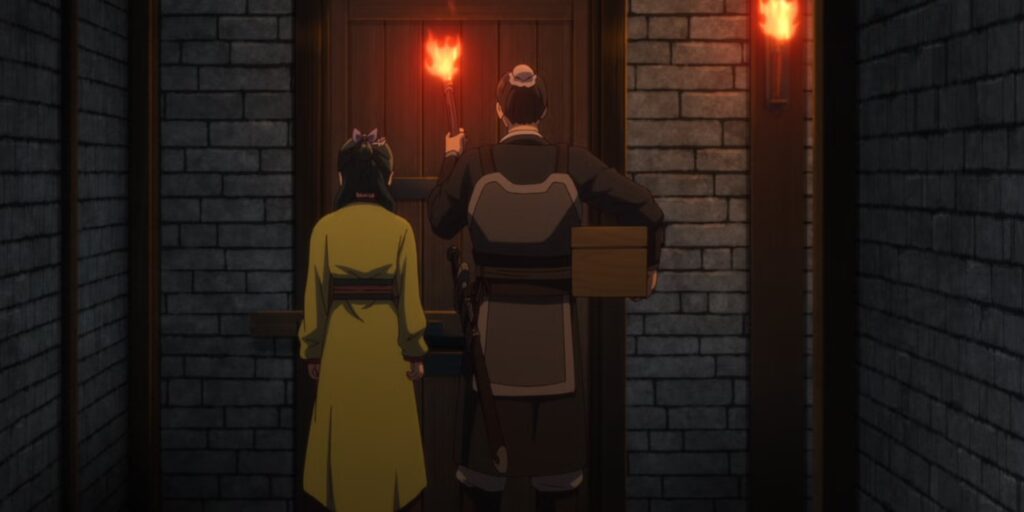 No One Balances Tension and Humor Like 'The Apothecary Diaries' 4 Maomao standing with a guard in front of taibon.