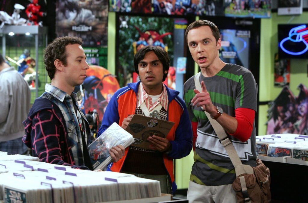 The Big Bang Theory’s Kunal Nayyar Is Unrecognizably Twisted in the Netflix Series You Totally Slept On 2 Stuart, Raj and Sheldon in the comic bookstore.