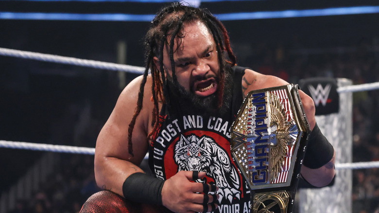 Jacob Fatu after winning his WWE championship belt.