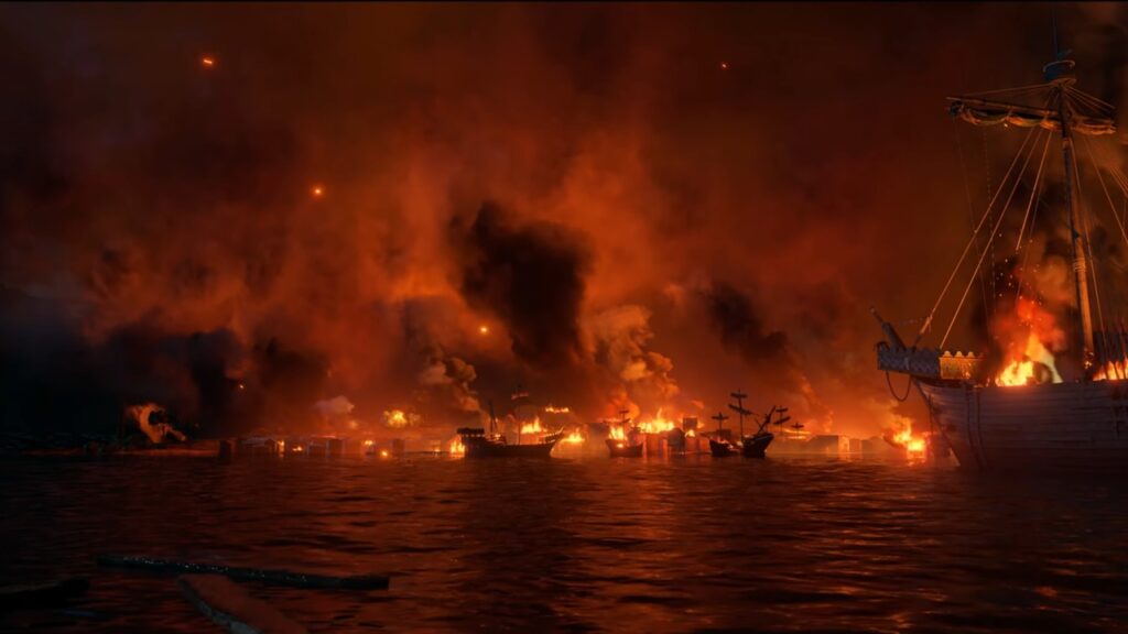 ‘Resonance: A Plague Tale Legacy’ Visuals Are So Brutally Extreme It May Dethrone Hellblade 2 10 Resonance: A Plague Tale Legacy trailer scene showcases a sea at nighttime, with burning wreckage of ships.