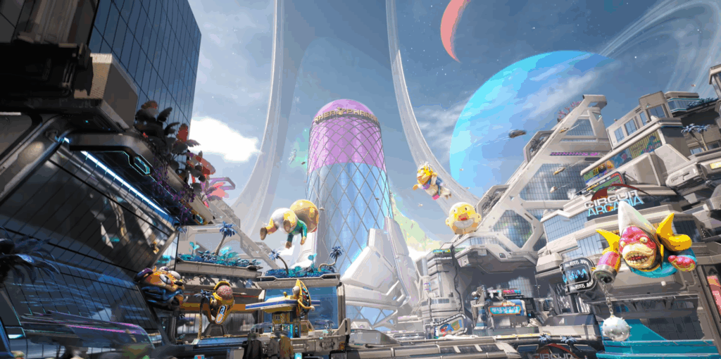Xbox 1, PS5 0: I Thought Romeo is a Dead Man Was Funky Until I Saw High on Life 2 Trailer 1 High on Life 2 screenshot featuring a huge futuristic world.