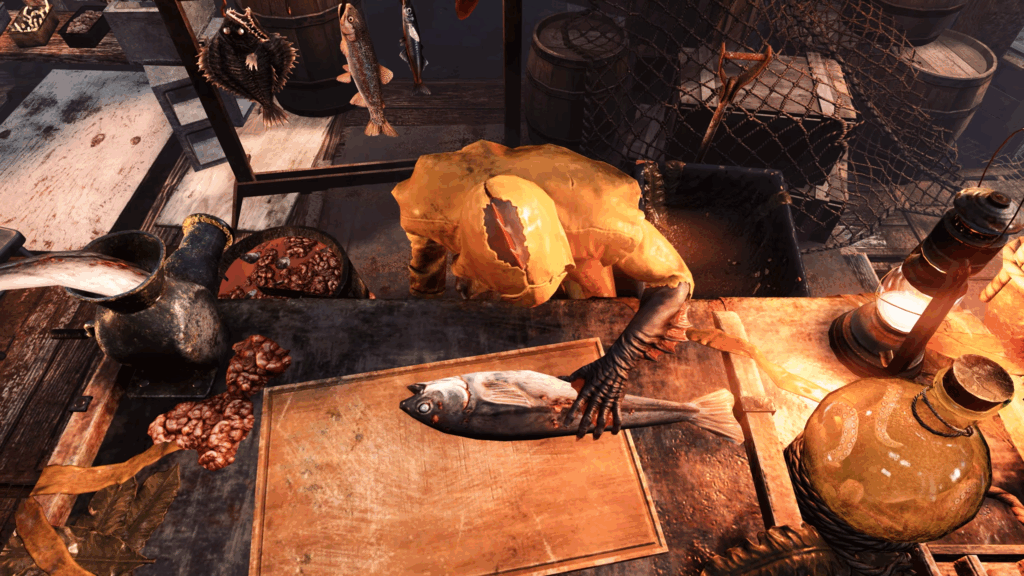 Fallout 76: Gone Fission Update: Is It Available for PS5? 2 A Fallout 76 character cutting up a fish.