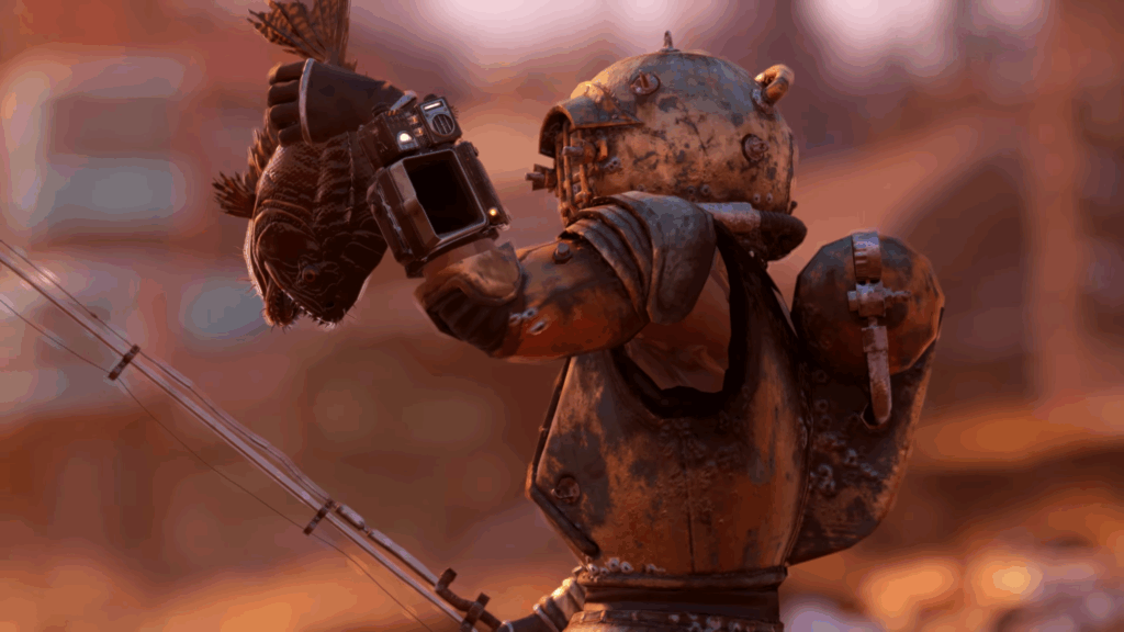 Fallout 76: Gone Fission Update: Is It Available for PS5? 5 A Fallout 76 holding up a newly caught fish.