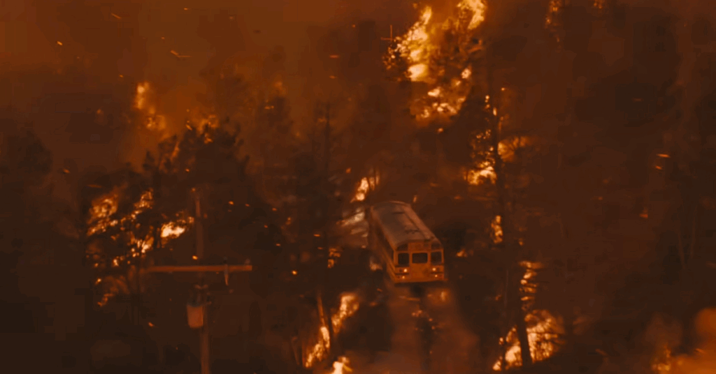 'The Lost Bus' Trailer: Matthew McConaughey Takes the Wheel in Paul Greengrass' Disaster Thriller 2 A bus driving between fires.