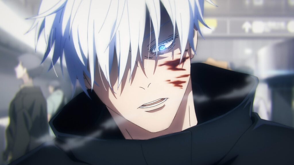'The Apothecary Diaries' Is Perfect for Fans Missing Gojo 1 Gojo is exhaling and his face is slightly tilted and there's some blood on his cheek in Jujutsu Kaisen