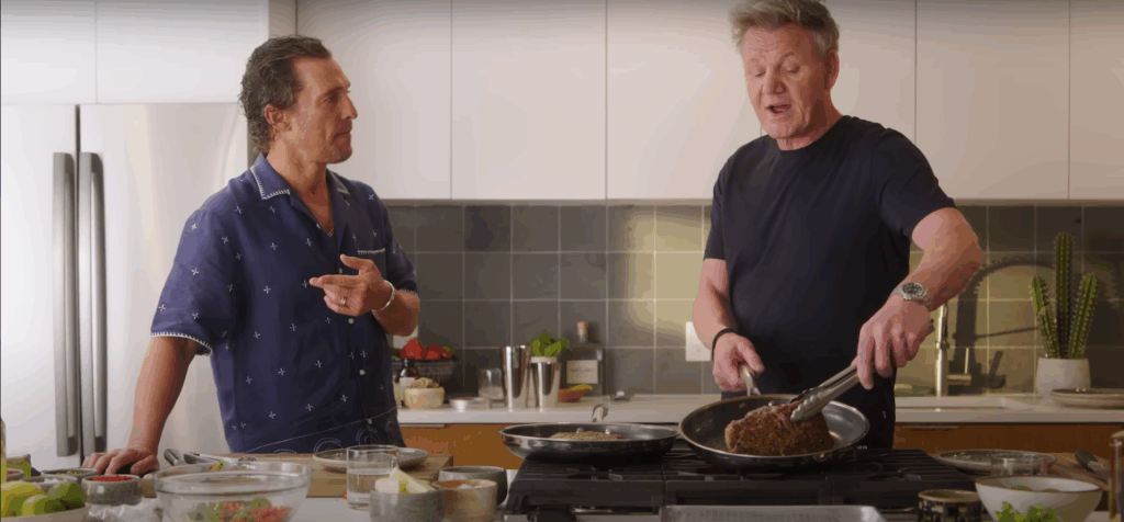 "It starts with the base": 'The Lost Bus' Star Matthew McConaughey's Tuna Salad Recipe Is Diabolical, but We're Sure It Tastes Heavenly 1 Matthew McConaughey pointing and talking while Gordon Ramsey holds a steak with tongs over a pan.