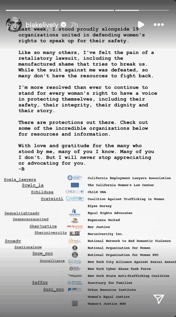 19 Companies That Requested Judge Lewis Liman to Dismiss Justin Baldoni's Retaliatory Lawsuit Against Blake Lively 4 Blake Lively announcing that Justin Baldoni's claims have been dismissed.