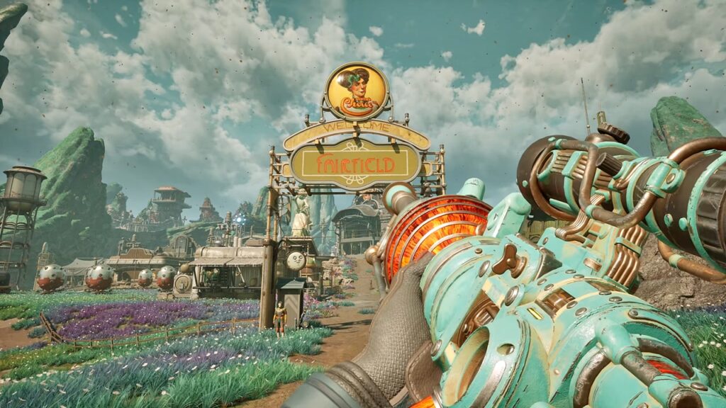 The Outer Worlds 2 screenshot showing the player inspecting a Steampunk-themed sniper rifle.