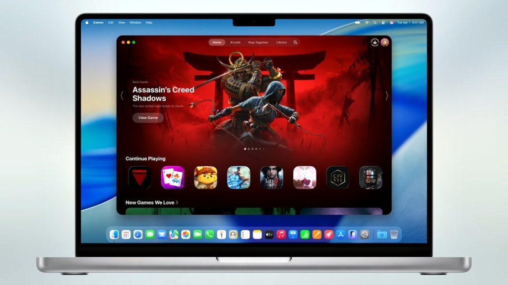 Apple’s AAA Push Proves It’s Done Playing Small in Gaming 7 Apple WWDC presentation screenshot showcasing the new Games app running on a MacBook, featuring games like Assassin's Creed Shadows, Lies of P, and Sid Meier's Civilization VII.