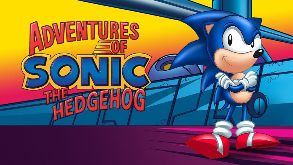 10 Insanely Popular TV Shows From the ‘90s You Can Stream on Netflix 41 Title card and promotional image for "Adventures of Sonic the Hedgehog" animated series, showing Sonic the Hedgehog character in his classic blue design against a colorful geometric background.
