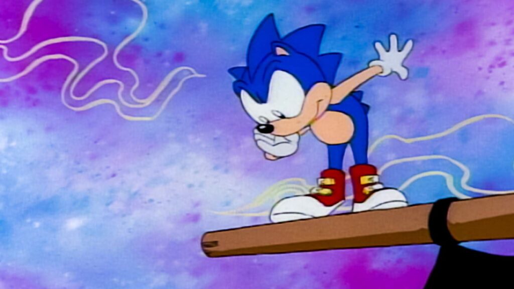 10 Insanely Popular TV Shows From the ‘90s You Can Stream on Netflix 43 Animation scene from "Adventures of Sonic the Hedgehog" showing Sonic the Hedgehog character in motion against a purple and blue swirled background.