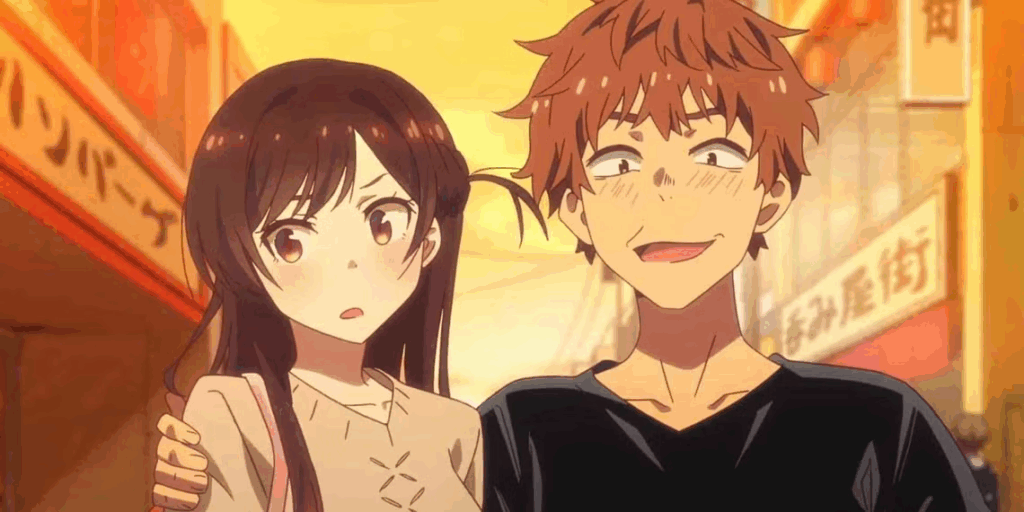 Kazuya makes a weird face while walking with Chizuru in the market district