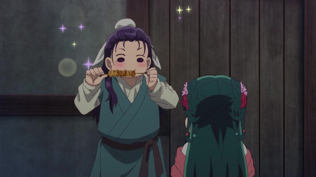 'The Apothecary Diaries' Uses the Most Cliche Anime Tropes to Enhance Its Comedy 10 Jinshi cannot marvel at the deliciousness of the chicken skewers.
