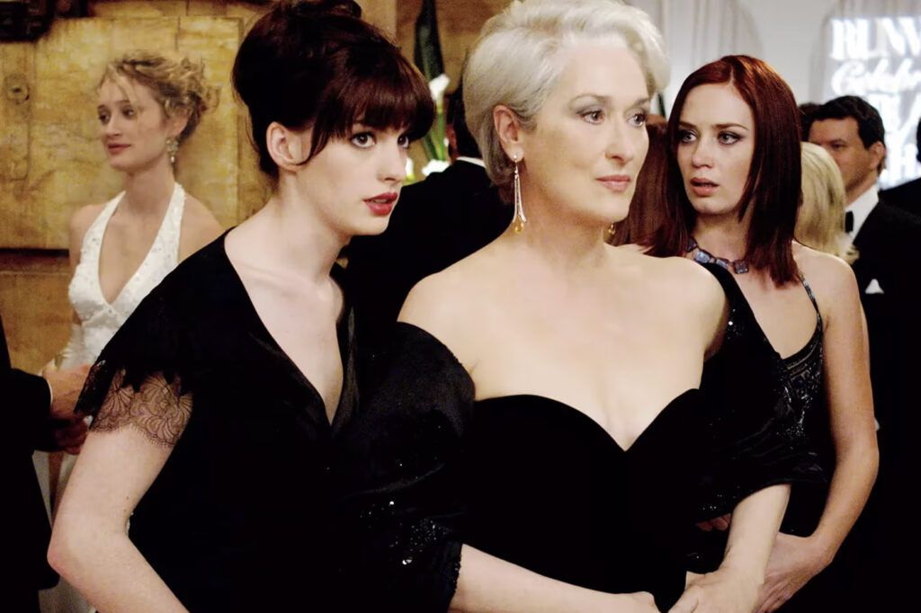 Emily Blunt Confirms The Devil Wears Prada 2 Filming Date While Anna Wintour Silently Runs the Plot 1 Miranda, Andy and Emily attending a fashion gala in The Devil Wears Prada.