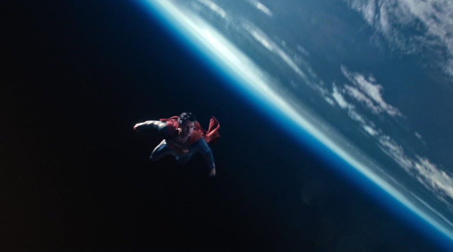 Superman is flying high above the Earth.