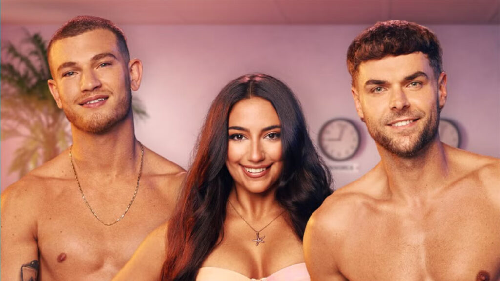 Love Island UK: Shakira’s Kiss With Blu Makes Her Pick of Harry Look Like a Joke 1 A promotional still from 'Love Island UK' featuring Blu, Shakira, and Harry.