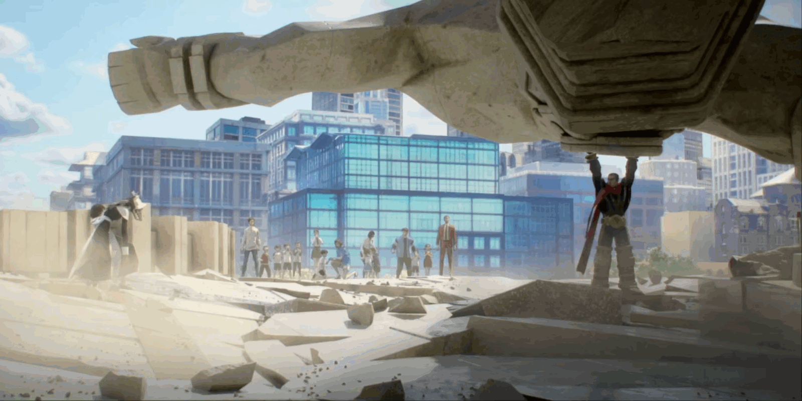 ‘To Be Hero X’ Fools You With Shonen-Like “Flashiness of the visuals” 4 Firm-Man holding up the statue as Wolf Girl holds a girl hostage in To Be Hero X.
