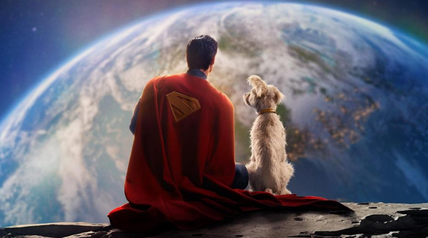 11 Things You Did Not Know About Superman’s Suit 2 Superman, in his iconic red cape, is sitting on a rocky surface next to a white dog.