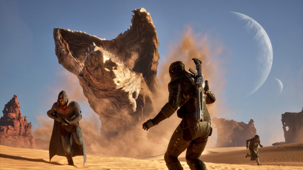 All Factions and Houses in Dune: Awakening, Explained 9 Dune: Awakening gameplay screenshot of a giant sandworm emerging from the surface of the desert to ambush players.