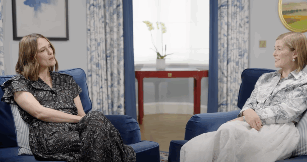 This $132M Film Had Rosamund Pike on Set at 3 AM for an Iconic Scene Without Her Face 3 Keira Knightley and Rosamund Pike, conversing with each other.