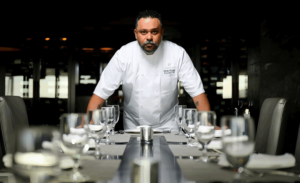 All 21 ‘Top Chef’ Winners and How Their Life Looks Like Today After Winning the Prize Money 7 Kevin Sbraga in white chef's coat standing behind elegant restaurant table set with wine glasses and formal place settings.