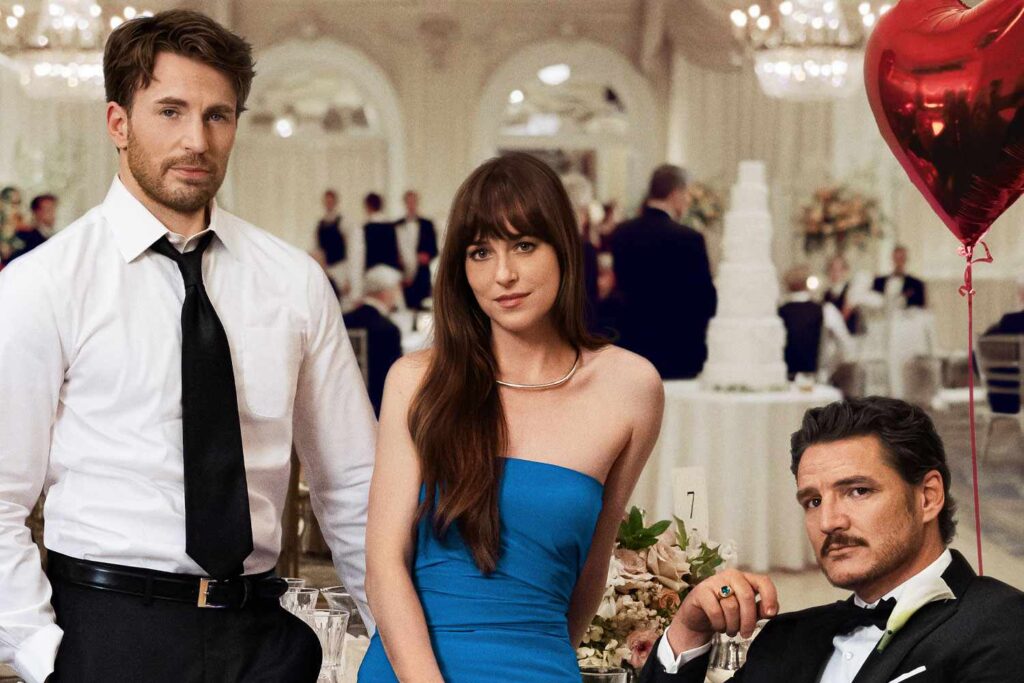 Dakota Johnson in Materialists Took Cues From the Iconic Film That Launched Keira Knightley to Fame 1 Chris Evans, Dakota Johnson and Pedro Pascal in Materialist