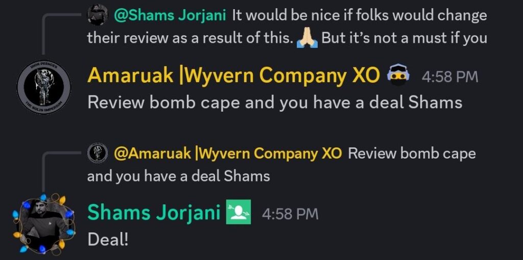 Super Earth Would Be Proud—Helldivers 2 Might Have Found a Genius Way to Make Review Bombing Stylish 1 Shams Jorjani's message on Discord