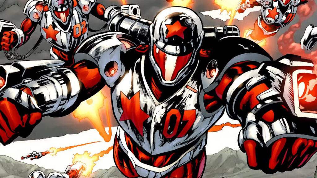Superman: The Hammer of Boravia May be Based on a DC Hero Who Was in Justice League Unlimited 2 Several Rocket Reds flying and pointing their mounted guns on their hands in a still from the comic panel.