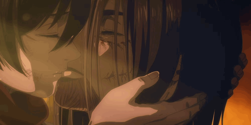 Mikasa kisses Eren's decapitated head in Attack on Titan.