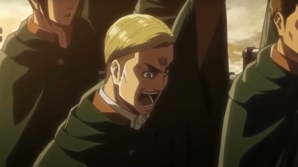 Erwin can be seen screaming in a still from Attack on Titan