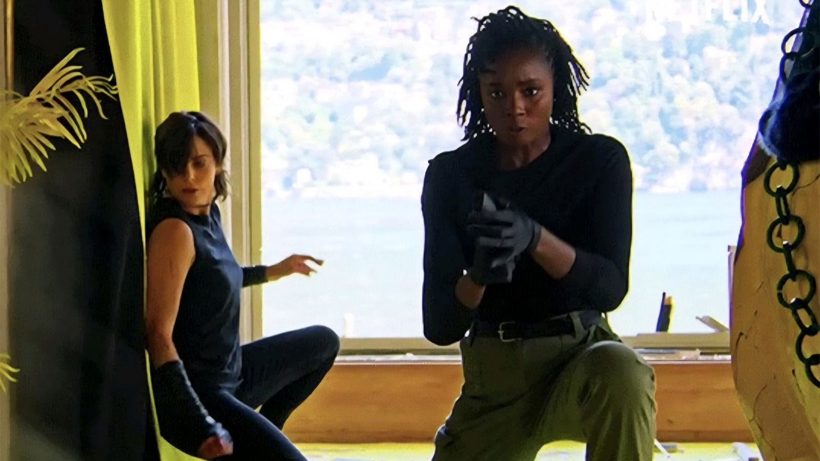 two women take cover