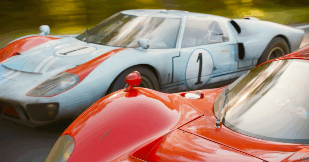 Ford and Ferrari racing wheel to wheel.